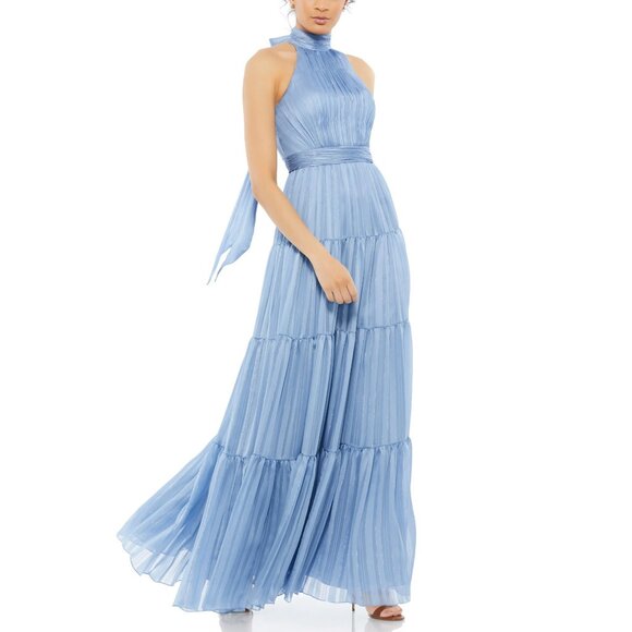 MAC DUGGAL Tie Neck Halter Tiered Gown Slate Blue 14 #A0092 - Picture 1 of 8